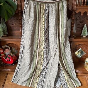 Women's Midi Skirt in Sage Green and Beige - Lightweight Boho Stripe